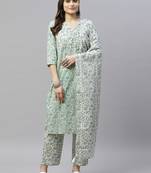 women Floral Printed straight angrakha cotton kurta palazzo with dupatta salwar suit set