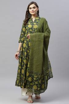  Cotton Floral Printed Anarkali Kurta with Gold Print Dupatta for Womens/Girls