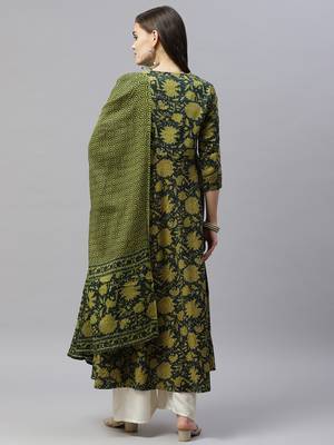  Cotton Floral Printed Anarkali Kurta with Gold Print Dupatta for Womens/Girls 4
