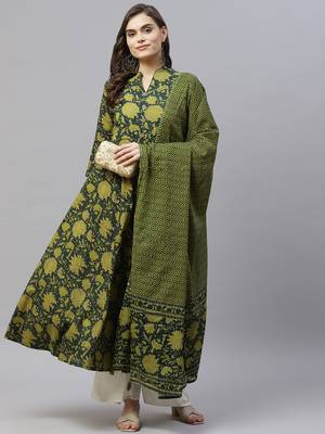  Cotton Floral Printed Anarkali Kurta with Gold Print Dupatta for Womens/Girls 5