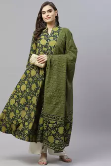  Cotton Floral Printed Anarkali Kurta with Gold Print Dupatta for Womens/Girls