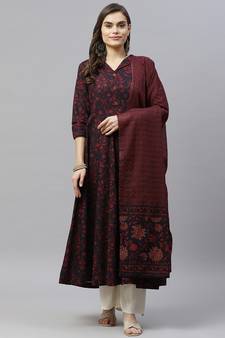  Cotton Floral Printed Anarkali Kurta with Gold Print Dupatta for Womens/Girls