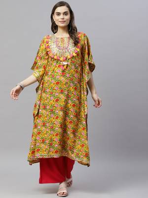 Womens Floral Printed Rayon Kaftan Kurti Dress 1