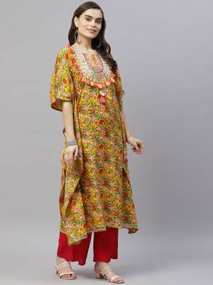 Womens Floral Printed Rayon Kaftan Kurti Dress 2