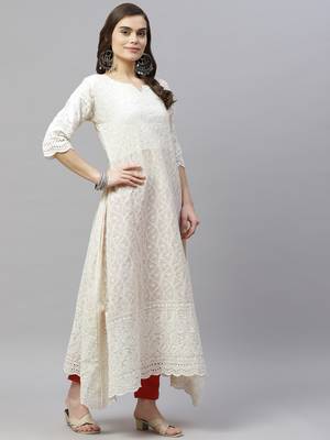 White Lucknowi Chikankari With Embroidery Cotton Kurta Partywear Gown With Dupatta 2