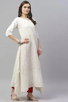 White Lucknowi Chikankari With Embroidery Cotton Kurta Partywear Gown With Dupatta