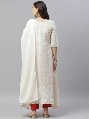 White Lucknowi Chikankari With Embroidery Cotton Kurta Partywear Gown With Dupatta 3