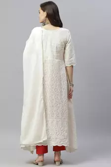 White Lucknowi Chikankari With Embroidery Cotton Kurta Partywear Gown With Dupatta