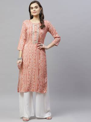 Women's Printed & Embroidered Straight Rayon Peach Kurta 1