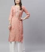 Women's Printed & Embroidered Straight Rayon Peach Kurta