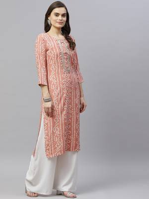 Women's Printed & Embroidered Straight Rayon Peach Kurta 2
