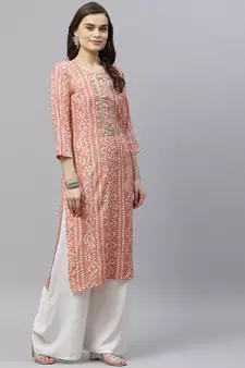 Women's Printed & Embroidered Straight Rayon Peach Kurta