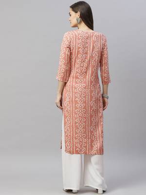 Women's Printed & Embroidered Straight Rayon Peach Kurta 3