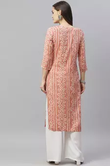Women's Printed & Embroidered Straight Rayon Peach Kurta