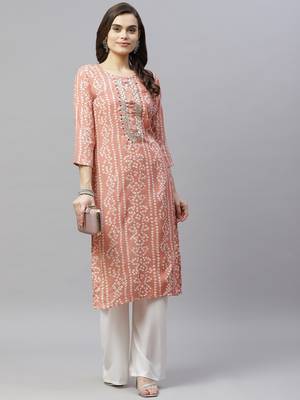 Women's Printed & Embroidered Straight Rayon Peach Kurta 5