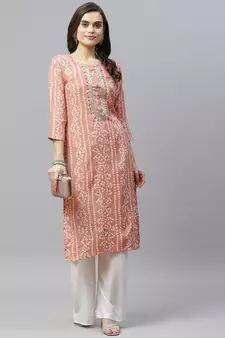 Women's Printed & Embroidered Straight Rayon Peach Kurta