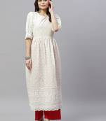 White Chikan Cotton Anarkali Embroidery Kurta Dress