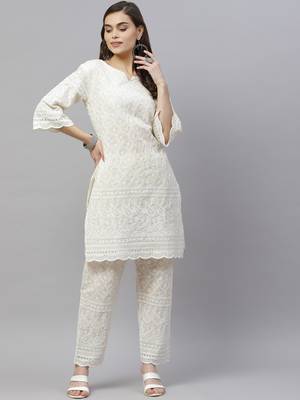 womens cotton printed Embroidery straight kurta and Pant Set 1