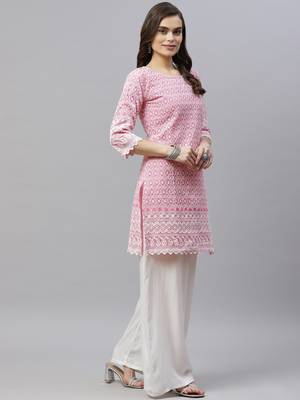 Pink Ethnic Motifs Embroidered Chikankari Kurti 2