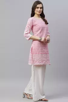 Pink Ethnic Motifs Embroidered Chikankari Kurti