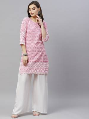 Pink Ethnic Motifs Embroidered Chikankari Kurti 5