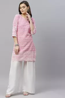 Pink Ethnic Motifs Embroidered Chikankari Kurti