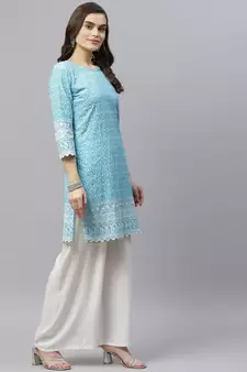Blue Ethnic Motifs Embroidered Chikankari Kurti