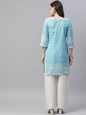 Blue Ethnic Motifs Embroidered Chikankari Kurti 3