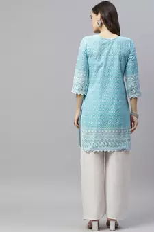 Blue Ethnic Motifs Embroidered Chikankari Kurti