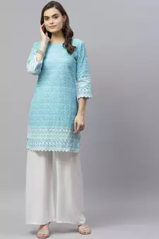 Blue Ethnic Motifs Embroidered Chikankari Kurti