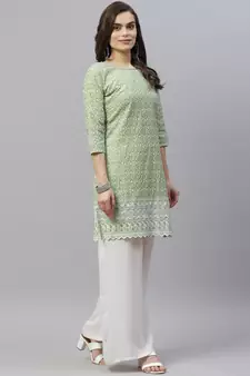 Green Ethnic Motifs Embroidered Chikankari Kurti