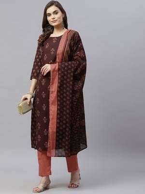 Women's Pure Cotton Printed Straight Kurta Trouser With Dupatta Set 1