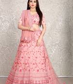 Enchanting Pink dori & thread embroidered with diamond work net semi stitched lehenga choli