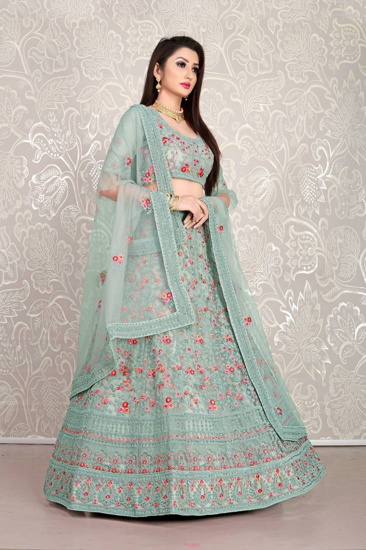 Mesmerizing Greyish blue dori & thread embroidered with diamond work net semi stitched lehenga choli with dupatta