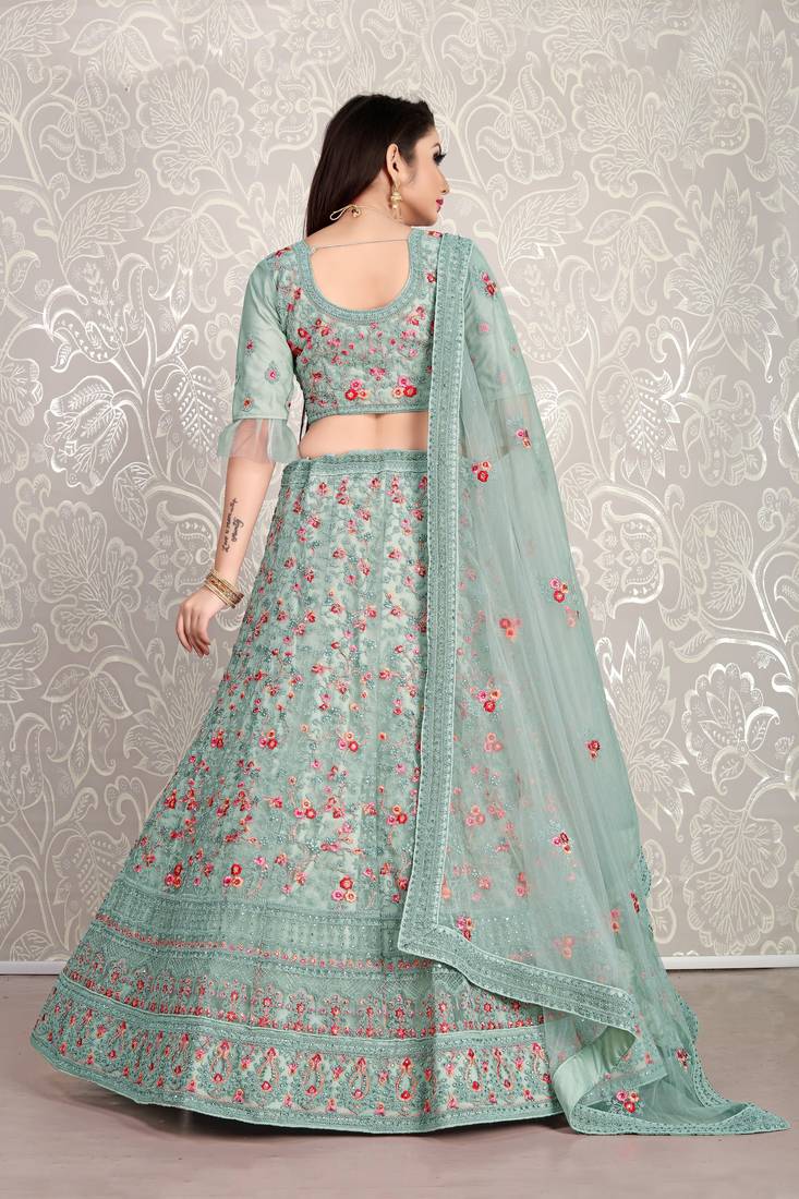 Mesmerizing Greyish blue dori & thread embroidered with diamond work net semi stitched lehenga choli with dupatta