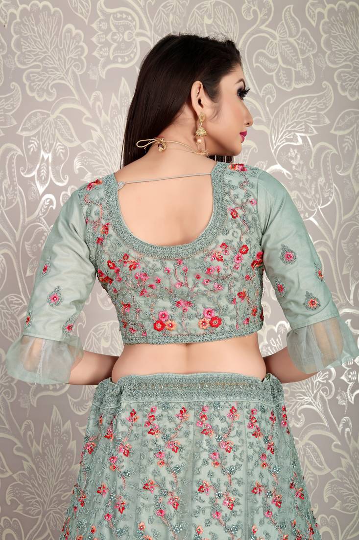 Mesmerizing Greyish blue dori & thread embroidered with diamond work net semi stitched lehenga choli with dupatta