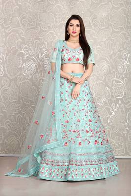 Glamorous Sky-blue dori & thread embroidered with diamond work net semi stitched lehenga 1
