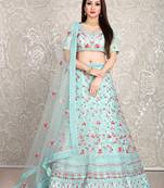 Glamorous Sky-blue dori & thread embroidered with diamond work net semi stitched lehenga