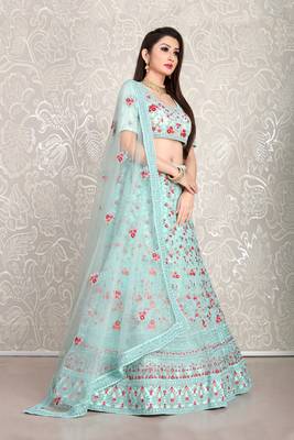 Glamorous Sky-blue dori & thread embroidered with diamond work net semi stitched lehenga 2