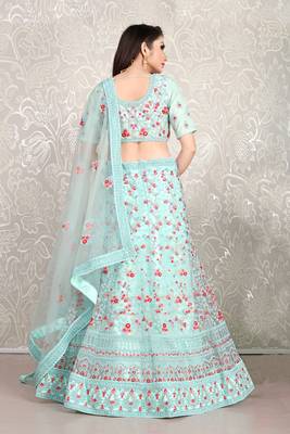 Glamorous Sky-blue dori & thread embroidered with diamond work net semi stitched lehenga 3