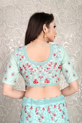 Glamorous Sky-blue dori & thread embroidered with diamond work net semi stitched lehenga 4