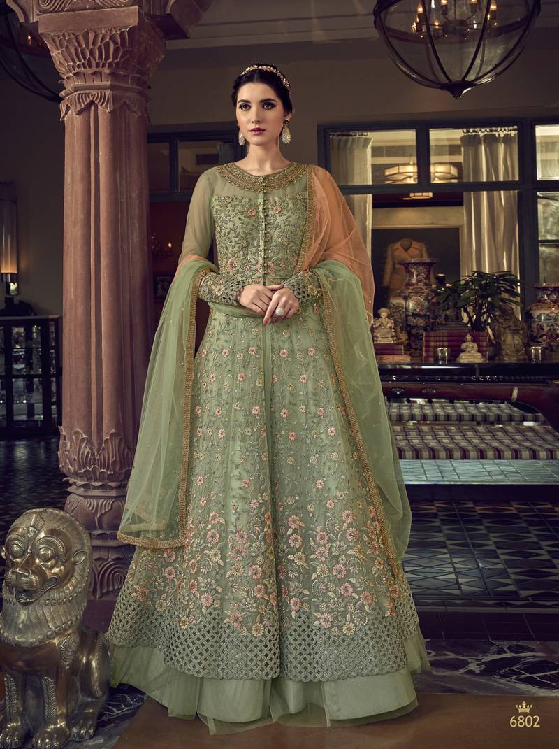 green embroidered net semi_stitched salwar