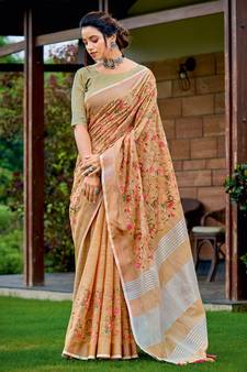 Sangam Prints Peach Linen Resham Dori Work Traditional Tassle Saree