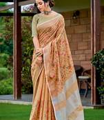 Sangam Prints Peach Linen Resham Dori Work Traditional Tassle Saree