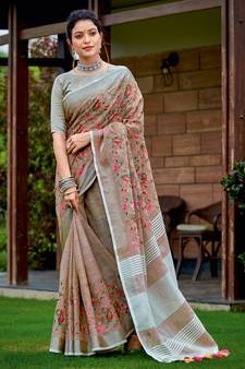 SANGAM PRINTS Brown Linen Resham Dori Work Traditional Tassle Saree
