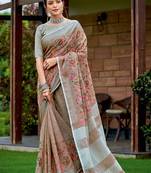 SANGAM PRINTS Brown Linen Resham Dori Work Traditional Tassle Saree