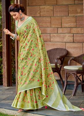 SANGAM PRINTS Yellow Green Linen Resham Dori Work Traditional Tassle Saree 1