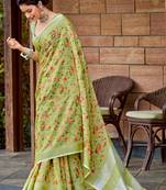 SANGAM PRINTS Yellow Green Linen Resham Dori Work Traditional Tassle Saree