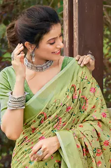 SANGAM PRINTS Yellow Green Linen Resham Dori Work Traditional Tassle Saree