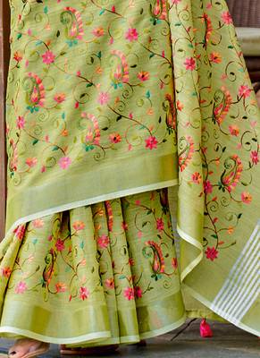 SANGAM PRINTS Yellow Green Linen Resham Dori Work Traditional Tassle Saree 3